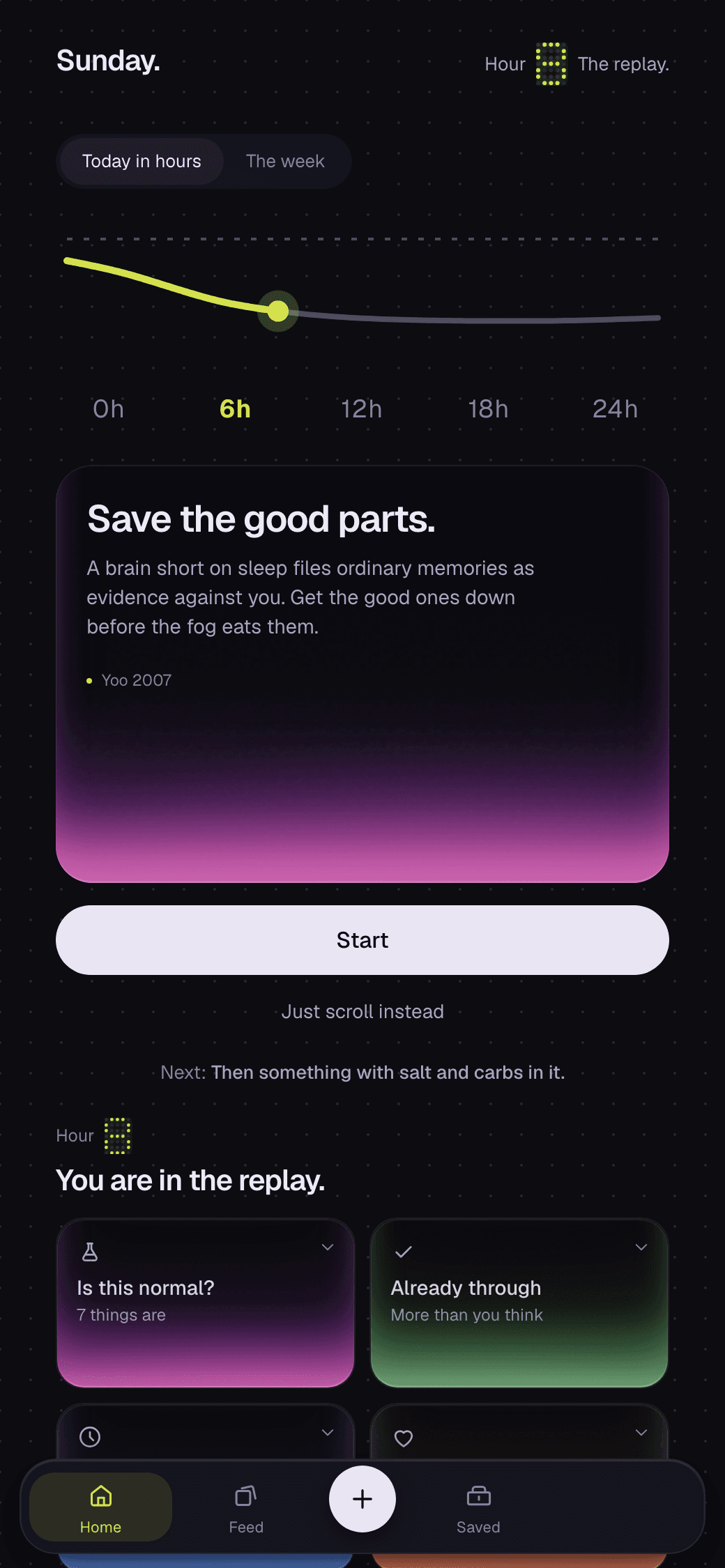 The AFTERS home screen on a Sunday morning, showing the hour you are on and what helps now