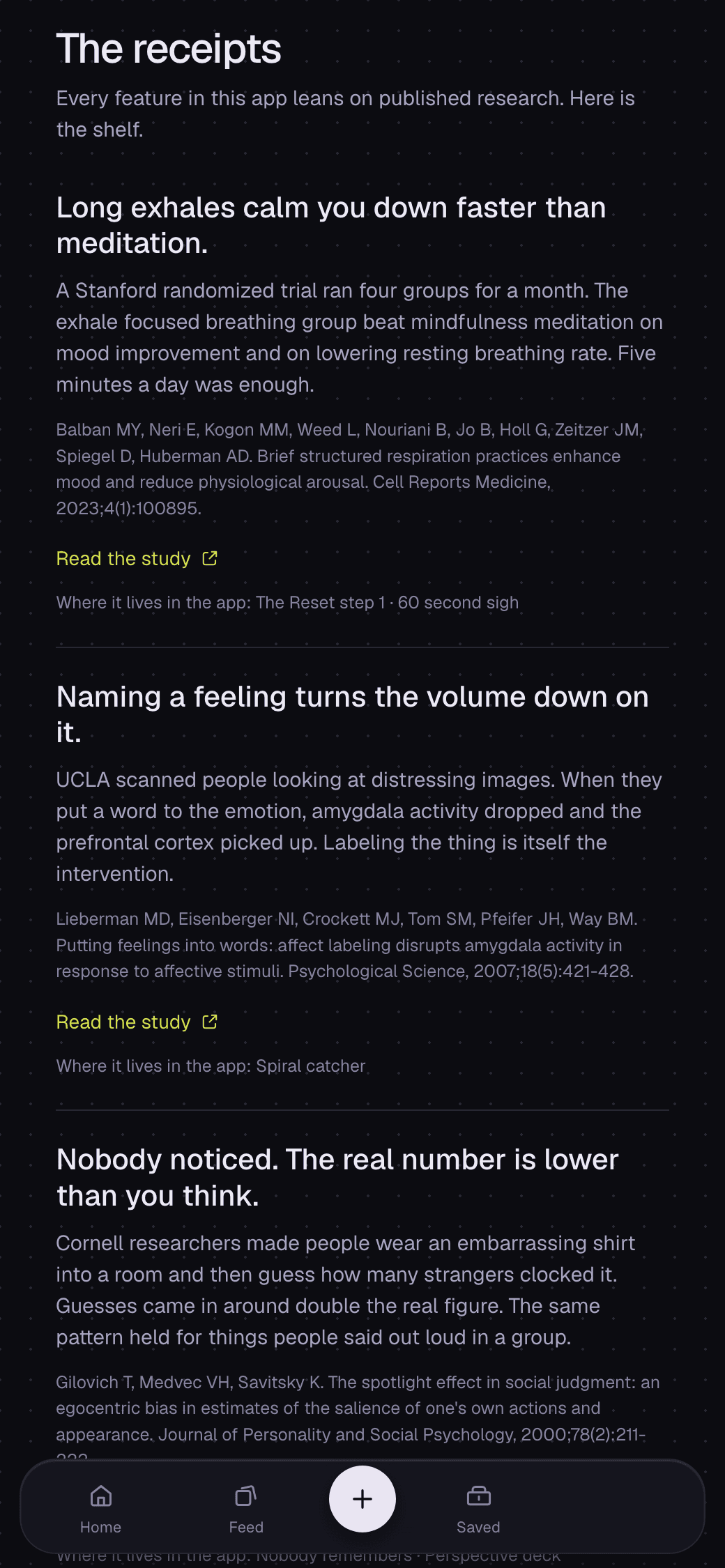 The science tab, showing research cards with citations